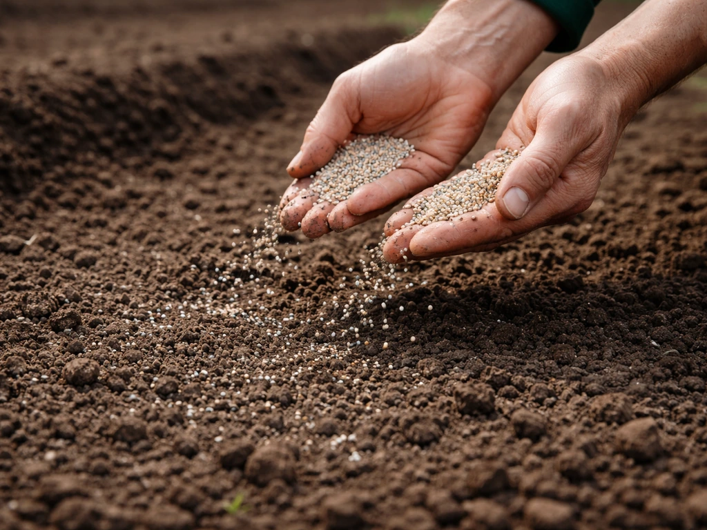 Handen die startmeststof gelijkmatig uitstrooien over de bovenlaag van bewerkte grond in de moestuin.