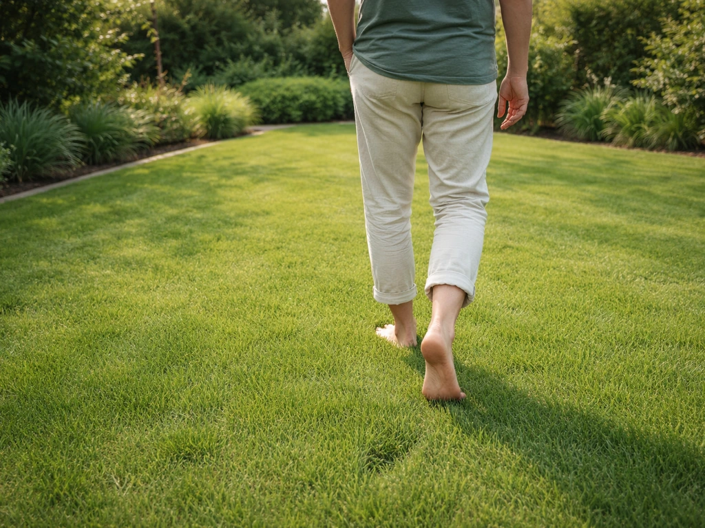 Persoon loopt voorzichtig over een pas ingezaaid gazon met zichtbaar korte grassprieten, op natuurlijke, stille achtergr