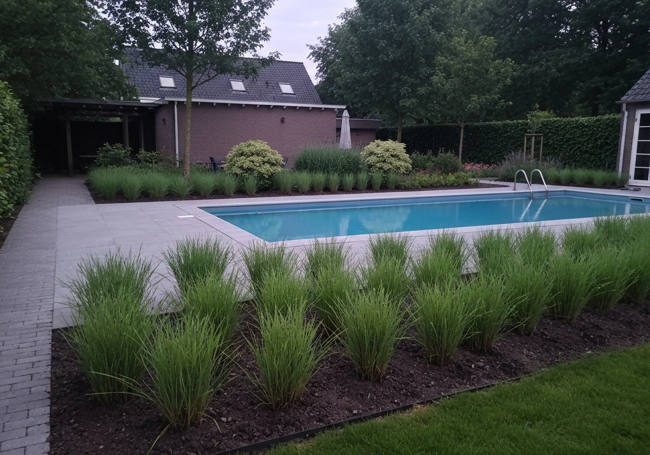 Pas ingezaaid gazon rond een zwembad, met nieuw opkomend gras dat herstelt in de tuin.