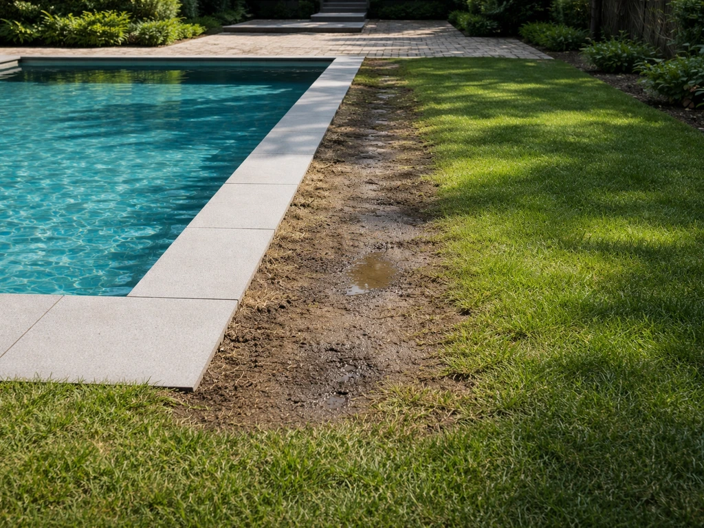 Achtertuin rond een zwembad: gazonrand met verdichte en drassige grond en schaduwplekken.