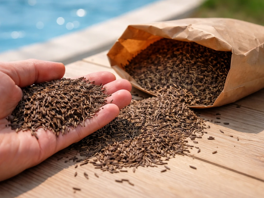 Close-up van een handvol donker graszaad naast een zak met graszaadmengsel, geschikt voor gebruiksgazon bij een zwembad.