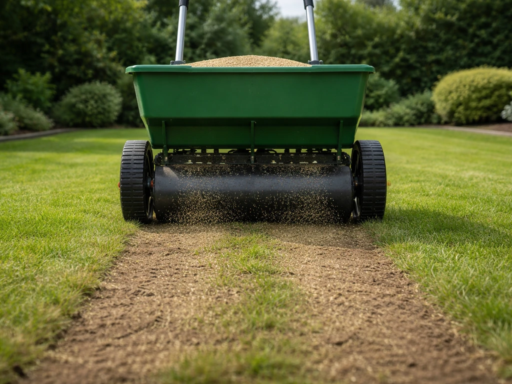 Graszaaimachine rijdt door het gazon terwijl vers graszaad in nette banen op de grond valt.