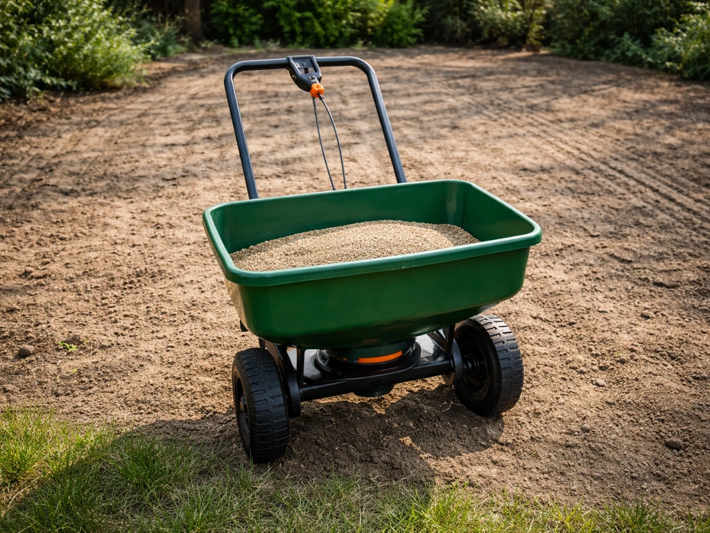 Strooiwagen/doorzaaimachine klaar om graszaad op kale grond uit te werpen in een tuin.