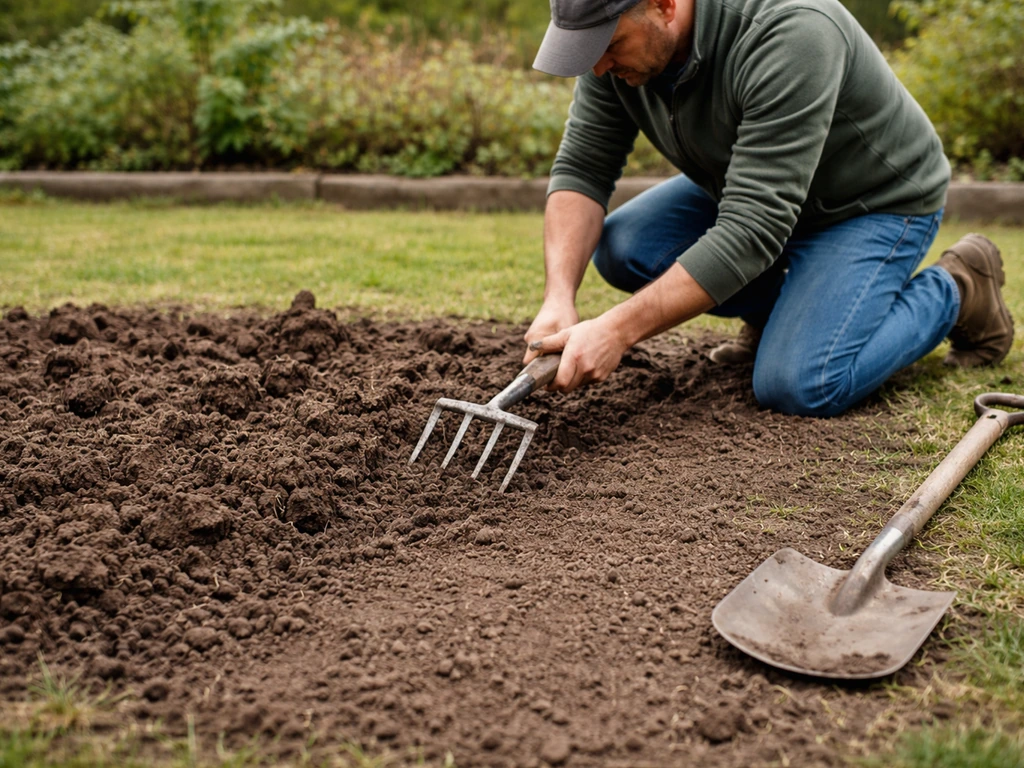 Tuinier spittend en aarde egaliserend op een kale grasplek voor een nieuw gazon