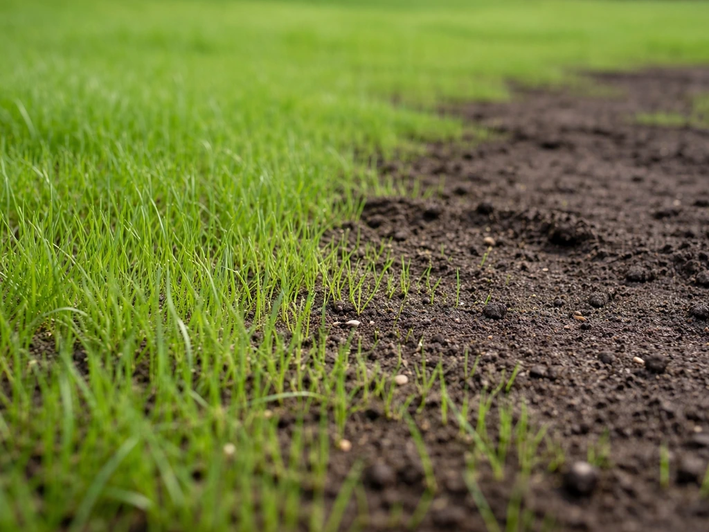 Tuin met pas ingezaaid gazon: jonge groene spruiten naast enkele kale plekken op het zaaibed