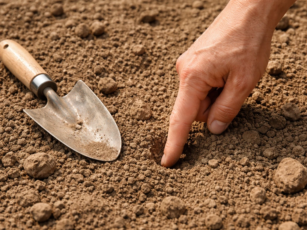 Hand steekt vinger in droge tuingrond terwijl een klein tuinschepje klaar ligt voor zaaien