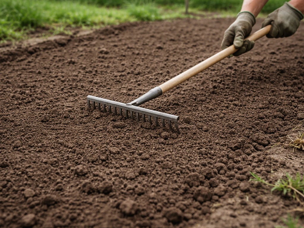 Anonieme handen maken met egge/hark een egaal, los zaaibed; onkruid is verwijderd in de tuinbodem.