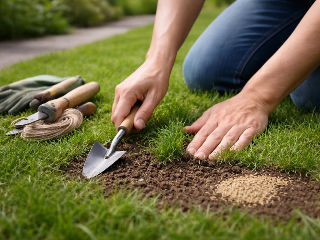 Jong gazon met hand-onkruidverwijdering en gereedschap klaar voor bijzaaien, in een rustige tuin.