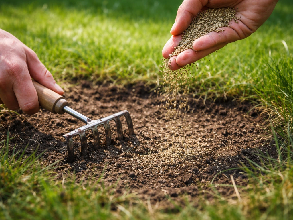 Handen die een kale plek in het gazon losharken en graszaad opnieuw strooien.