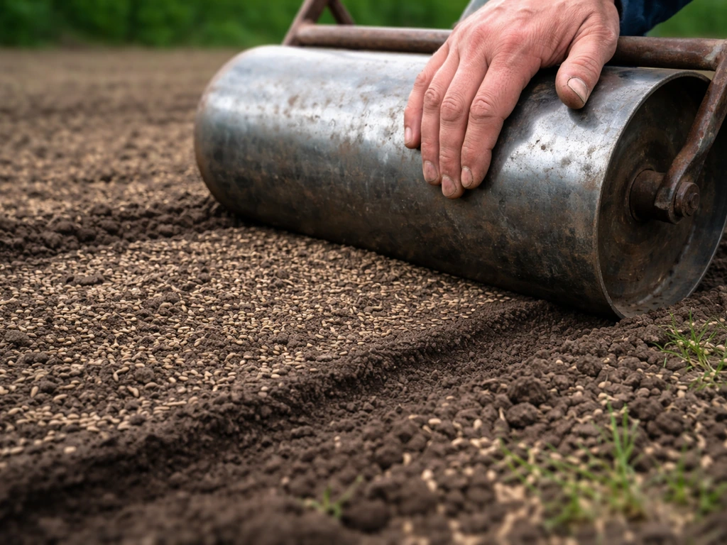 Een zware wals drukt graszaad in vochtige grond, zodat het goed contact maakt met de kiemlaag.