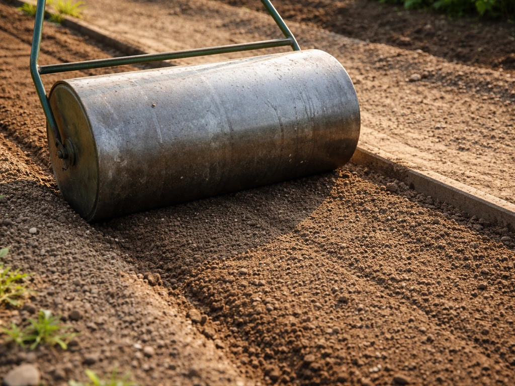 Tuinwals rolt over een net ingezaaid zaaibed bij licht vochtige bodem, met rustige tuinsetting