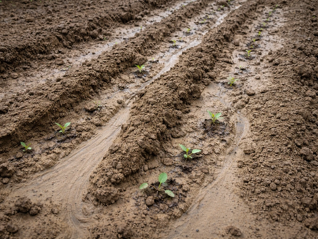 Zaaibed met zichtbare wegspoelingssporen na zware regen, losse grond en plantjes die moeite hebben door te komen.