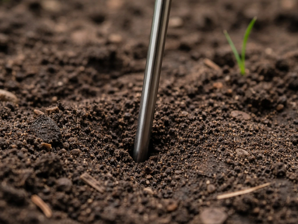 Close-up van een keukenthermometer die een paar centimeter in de grond steekt om bodemtemperatuur te meten.