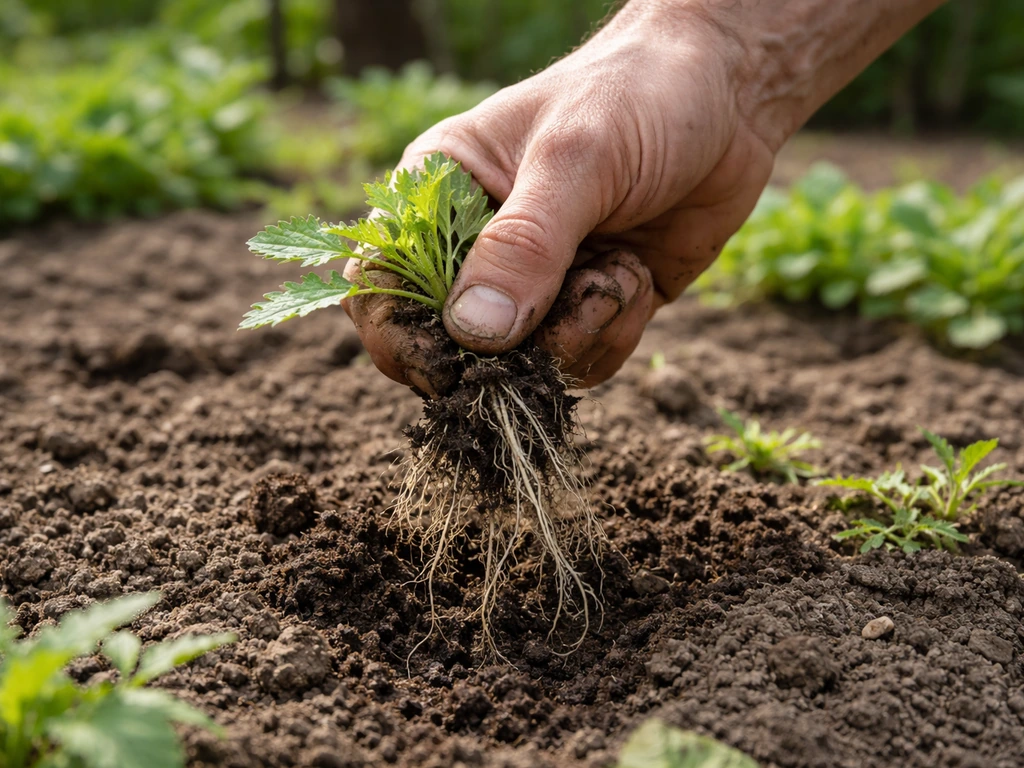 Close-up van het onkruid met wortel uit een moestuinbed trekken, met zichtbare aarde en wortels.