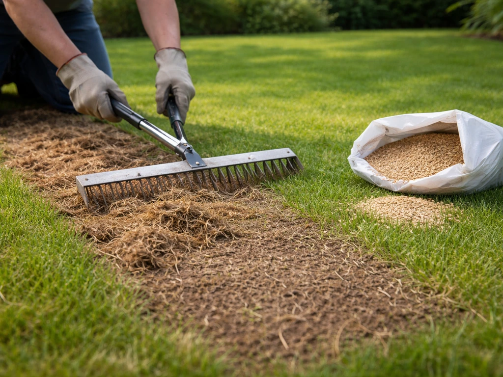 Handen die verticuteren en vervolgens doorzaaien op een bestaand gazon met zichtbare viltresten en graszaad.