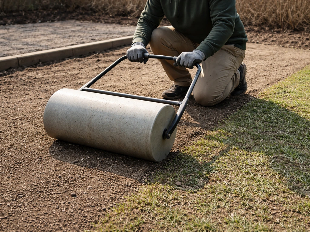 Anonieme tuinier rolt met een lichte tuinrol het zaaibed na het strooien aan voor bodemcontact.
