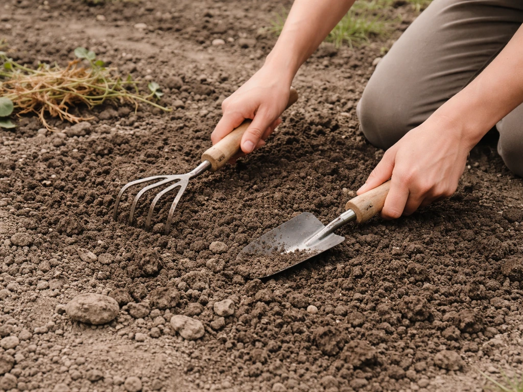 Iemand wiedt onkruid en verwijdert stenen uit de tuin en maakt de grond los voor een zaaibed.