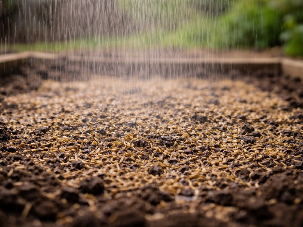 Gelijkmatige beregeningsnevel over ingezaaid graszaad zonder plassen, dicht op de vochtige toplaag.