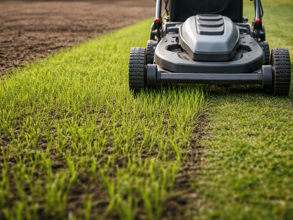 Gazonmaaier op hoge stand die jong, vers ingezaaid gras net maait in een stille tuin