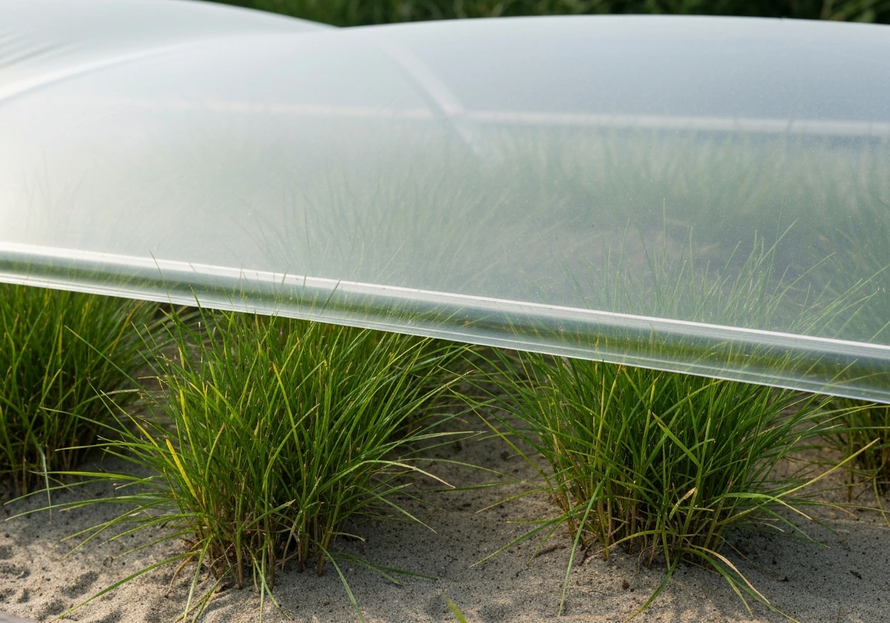 Vers ingezaaid graszaad in een tuinperk met beschermafdekking tegen vogels, close-up bij daglicht.