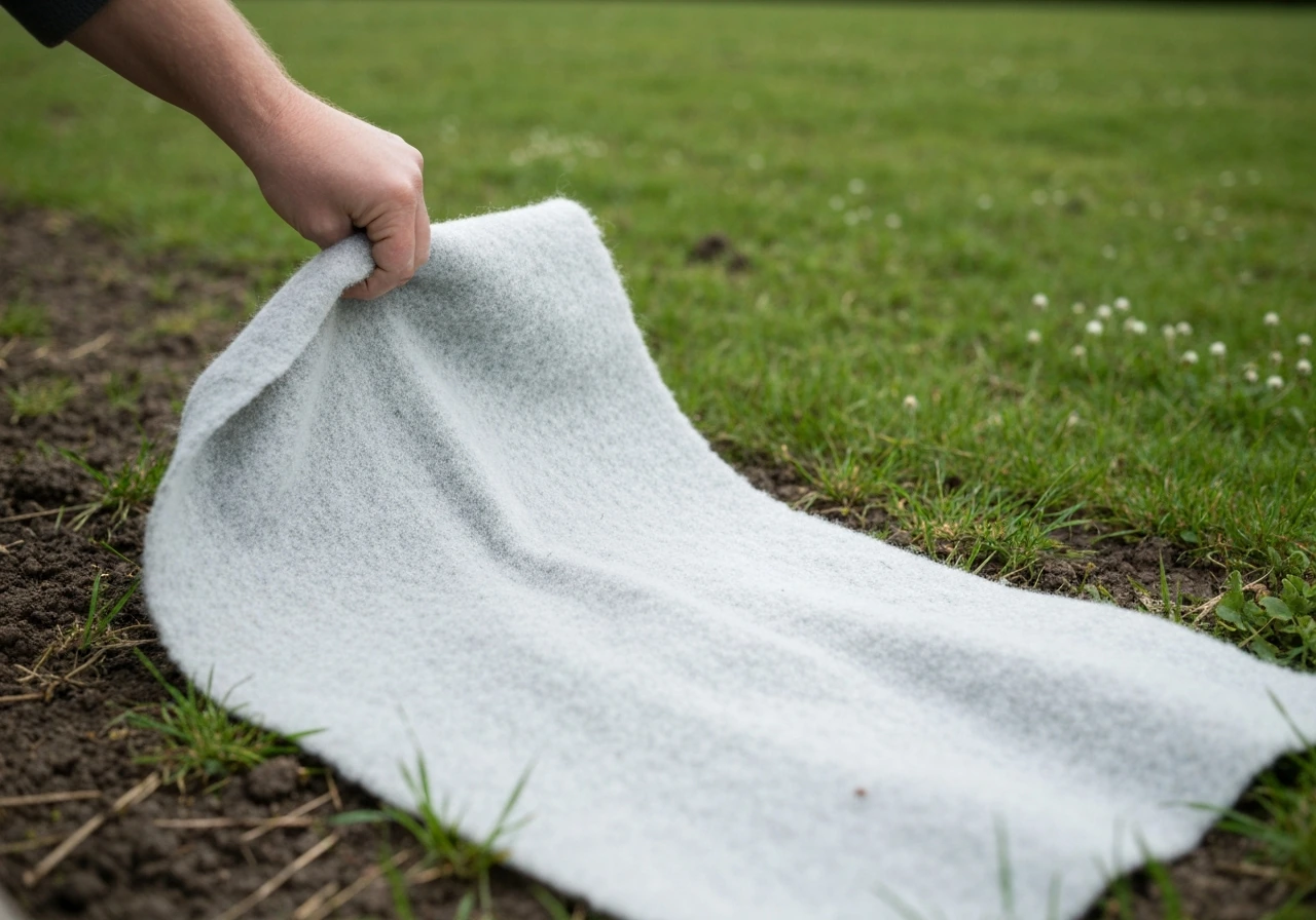 Tuinier legt ademend afdekvlies over ingezaaid graszaad om het tegen vogels te beschermen.