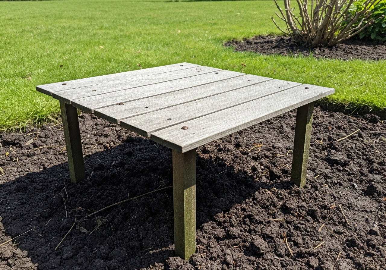 Fijnmazig gaas over een zaaibed, vastgezet met stokken en stenen tegen vogels, in een rustige tuin.