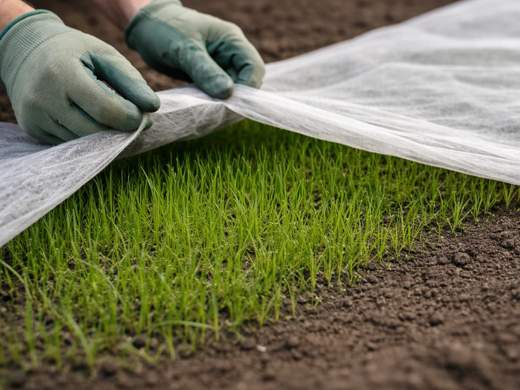 Tuinier handen met een rolletje afdekvlies en vers opgekomen gras van 4–5 cm in een gazon