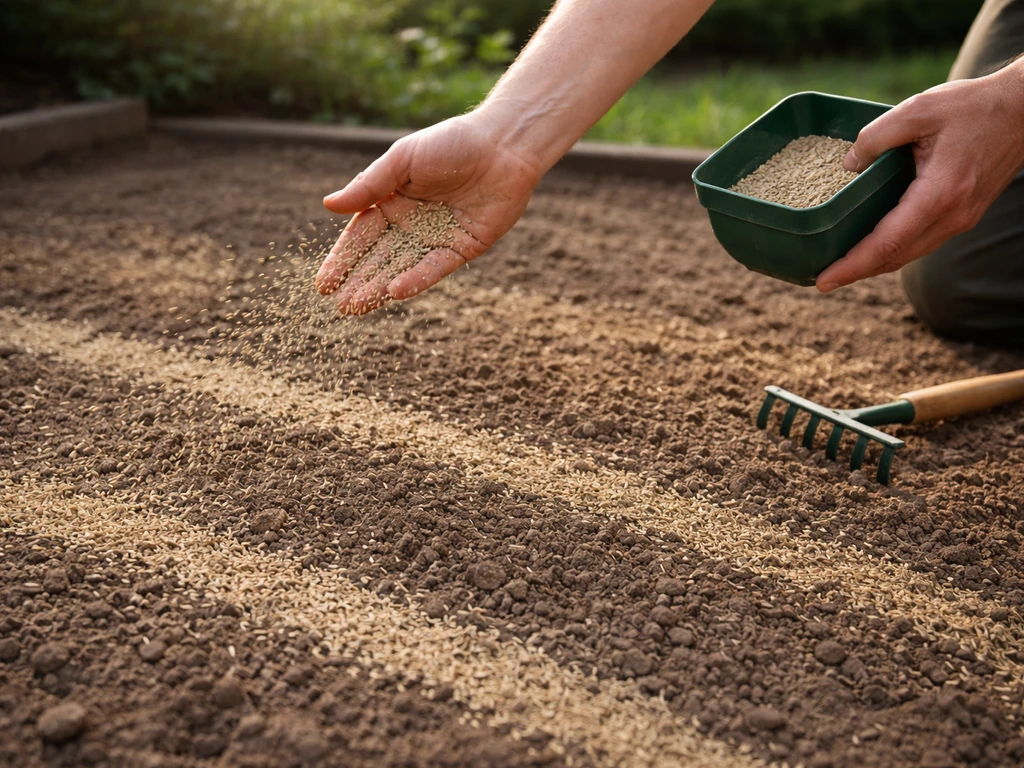 Handmatig graszaad strooien in twee richtingen op een voorbereide tuinbodem