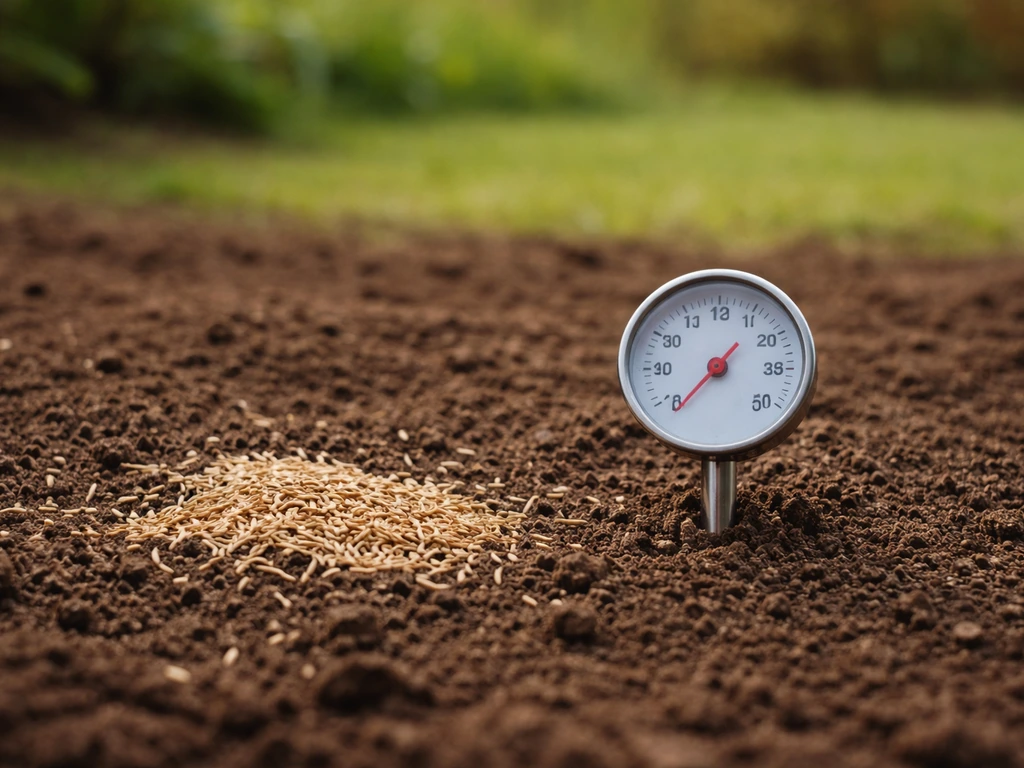 Thermometer en graszaad op klaargemaakte grond in voorjaar, voor een visuele hint over bodemtemperatuur