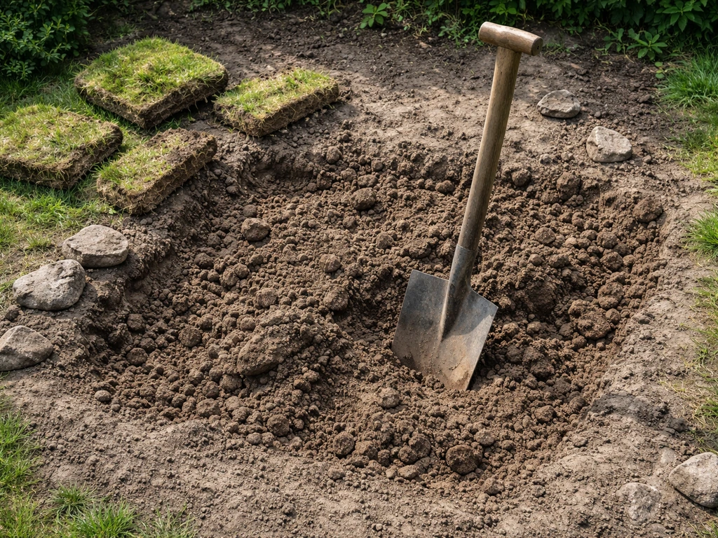 Handschep en spade in losse omgespitte tuingrond met verwijderde graszoden en kleine stenen op de achtergrond.
