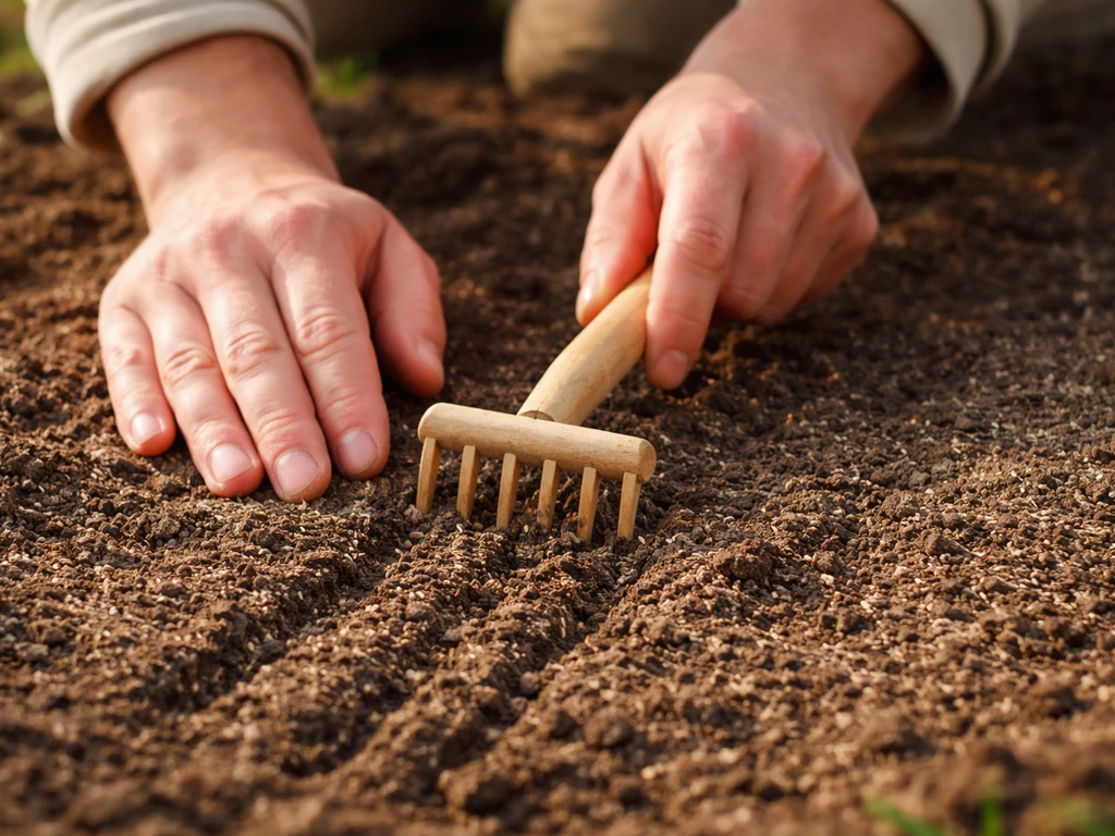 Iemand gebruikt een kleine hark om graszaad gelijkmatig in de grond te werken op circa 1 cm diepte.