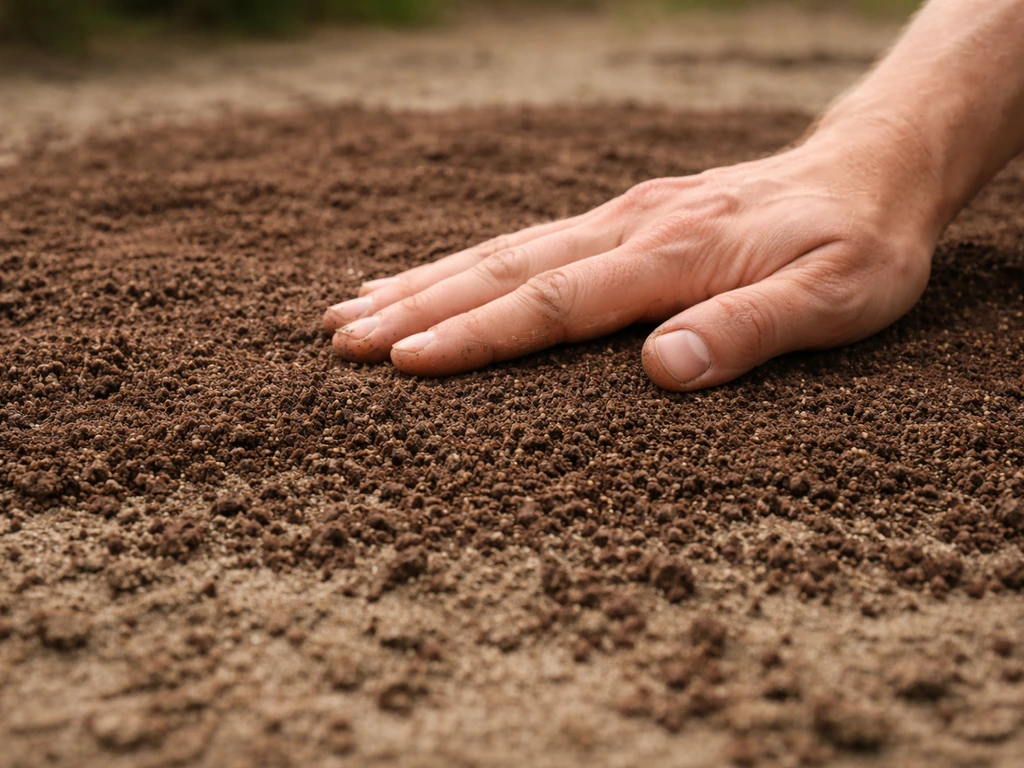 Hand spreidt en drukt een dunne laag tuinturf/compost over ingezaaide grond in de tuin.