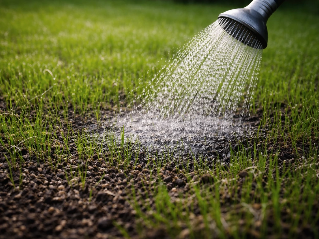 Jong ingezaaid gazon met fijne sproeistraal, bovenste grond vochtig houden tijdens het water geven.