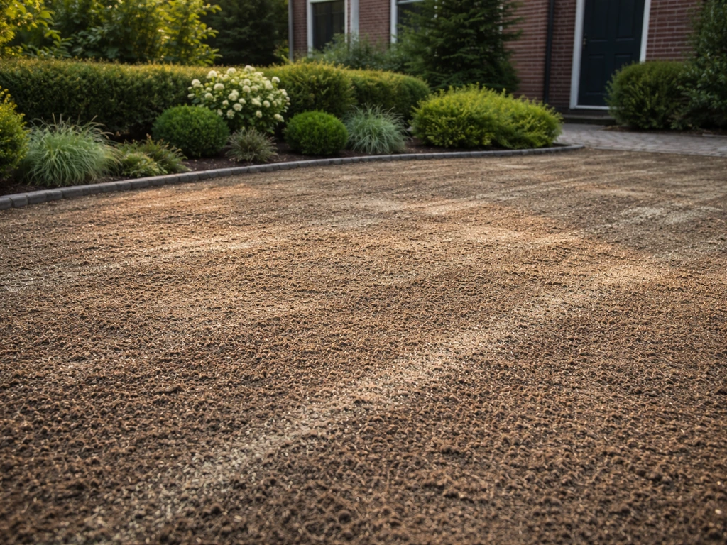 Voorgrond van een net ingezaaid gazon in een Nederlandse tuin, met zichtbaar zaadbed en aarde.