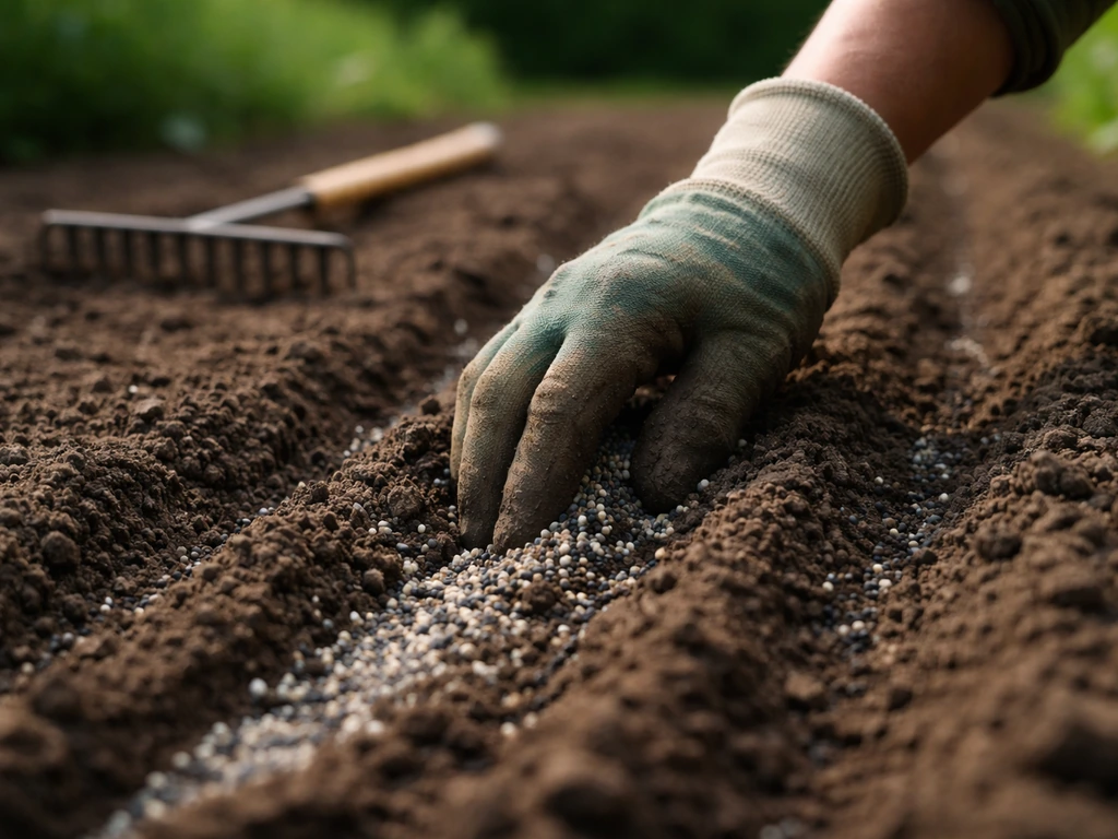 Hand die mestkorrels inwerkt in een bewerkt zaaibed met hark, klaar voor het zaaien