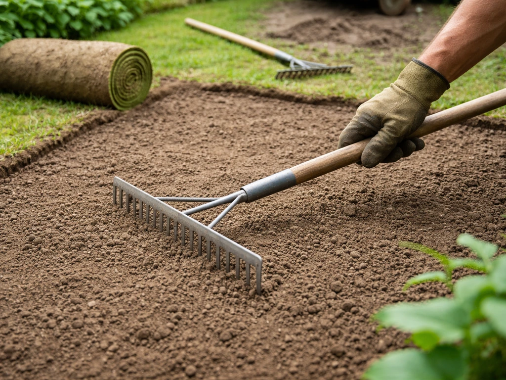 Hand met hark egaliseert een fijn, vlak zaaibed in de tuin met een grasrol ernaast.