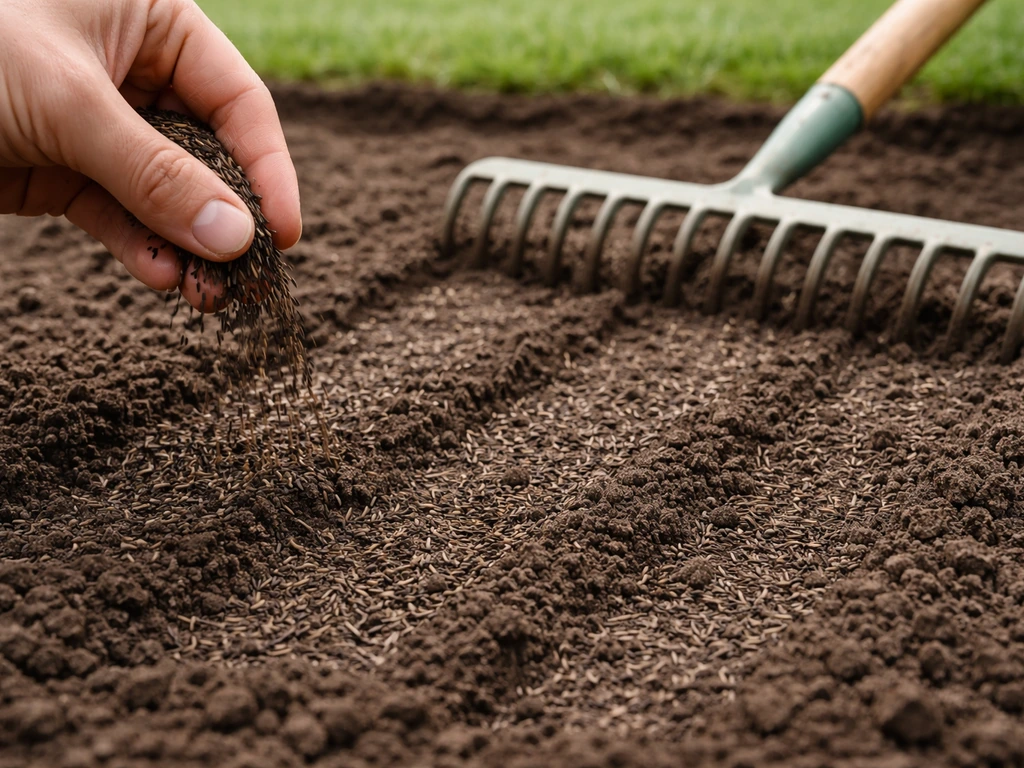 Close-up van graszaad dat licht wordt ingeharkt met zaad en aarde in direct contact