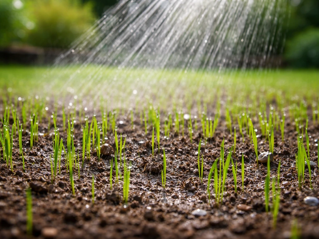 Jonge gras-spruiten in een gazon die licht vochtig worden gemaakt met een sproeier in de tuin.