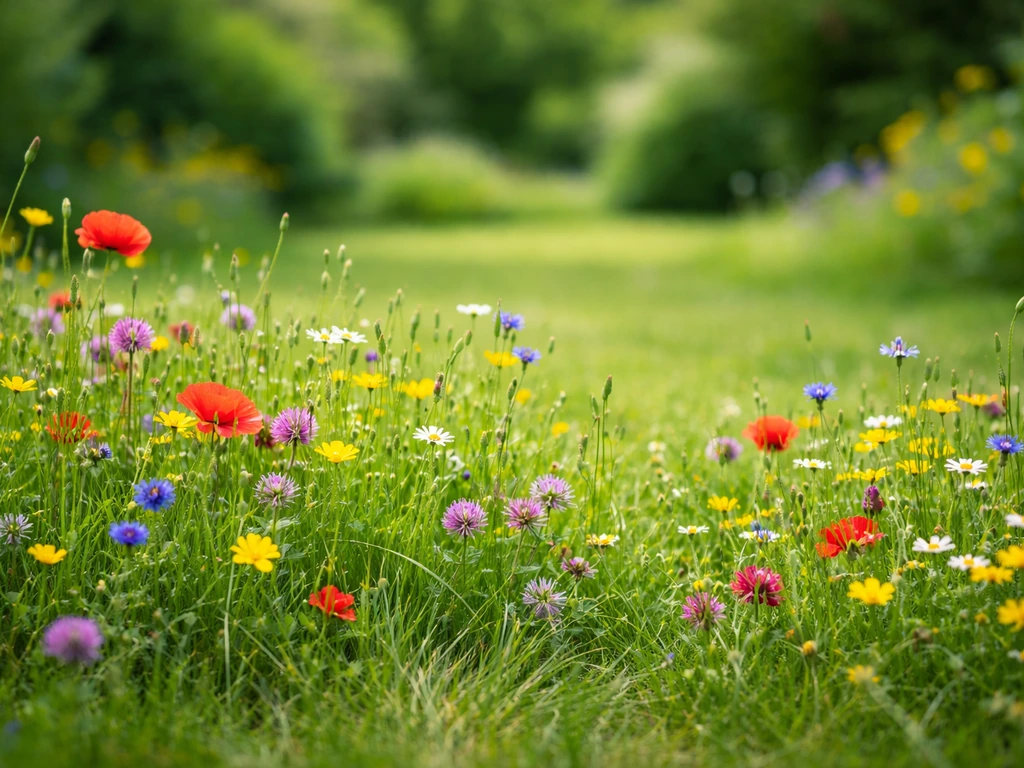 Bloemrijk gazon met een mix van sierlijk gras en kleurrijke wilde bloemen in een rustige Nederlandse tuin