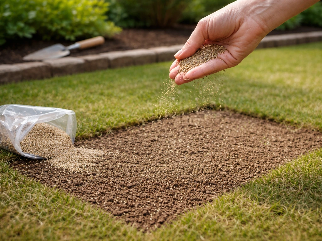 Hand strooit bloemrijk zaadmengsel licht en gelijkmatig over een afgemeten vak in een tuin.