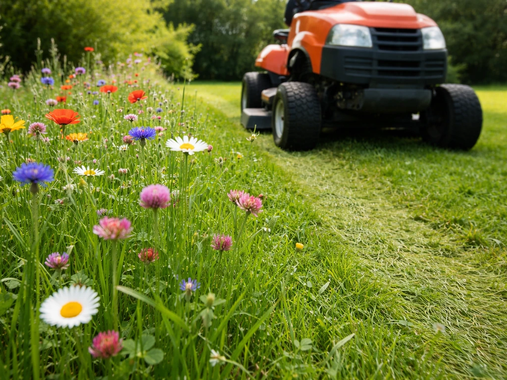 Een gazonmaaier maait door een bloemenrijk gazon terwijl bloemen nog tussen het gras zichtbaar zijn.
