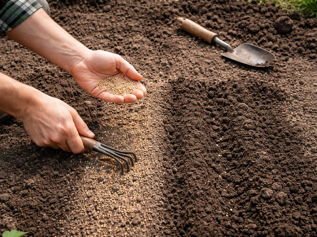 Tuinier bij een bloemrijk gazon: ondiep vs te diep ingezaaid zaad en voedselrijke grond, naast elkaar in een kale tuinra