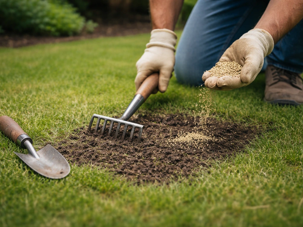 Tuinman houdt een grasrand op hoogte en zaait klaar voor doorzaaien op een kortgemaaid gazon