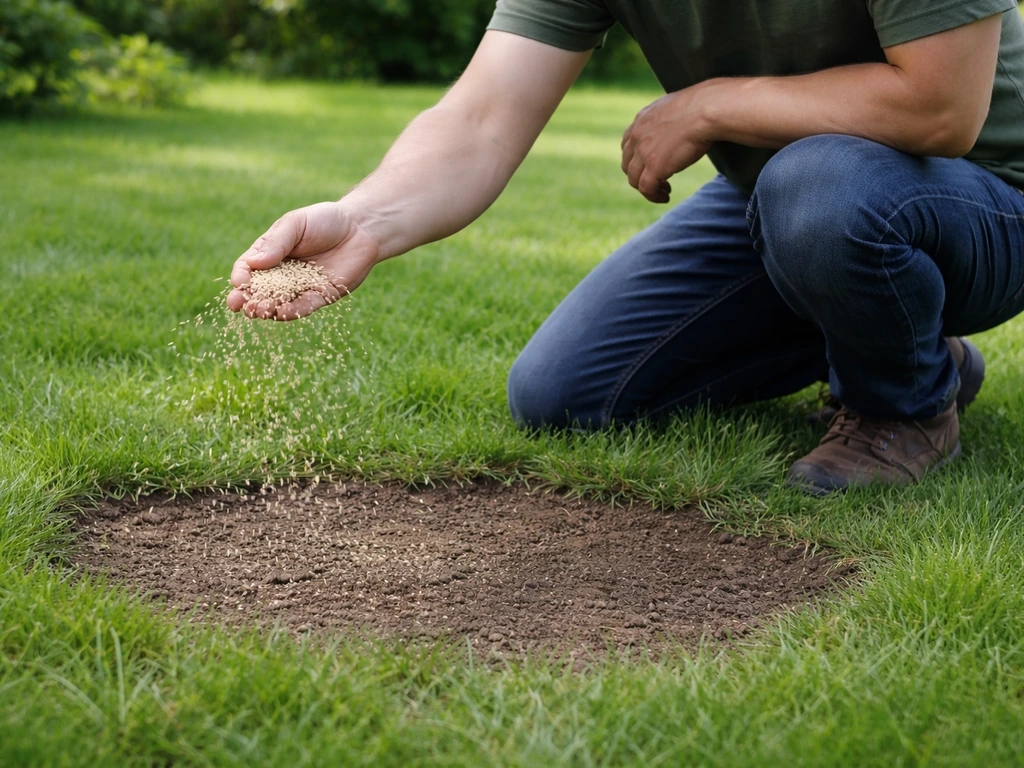 Persoon knielt op het gazon en strooit kruislings graszaad over een kale plek voor gelijkmatige verdeling.