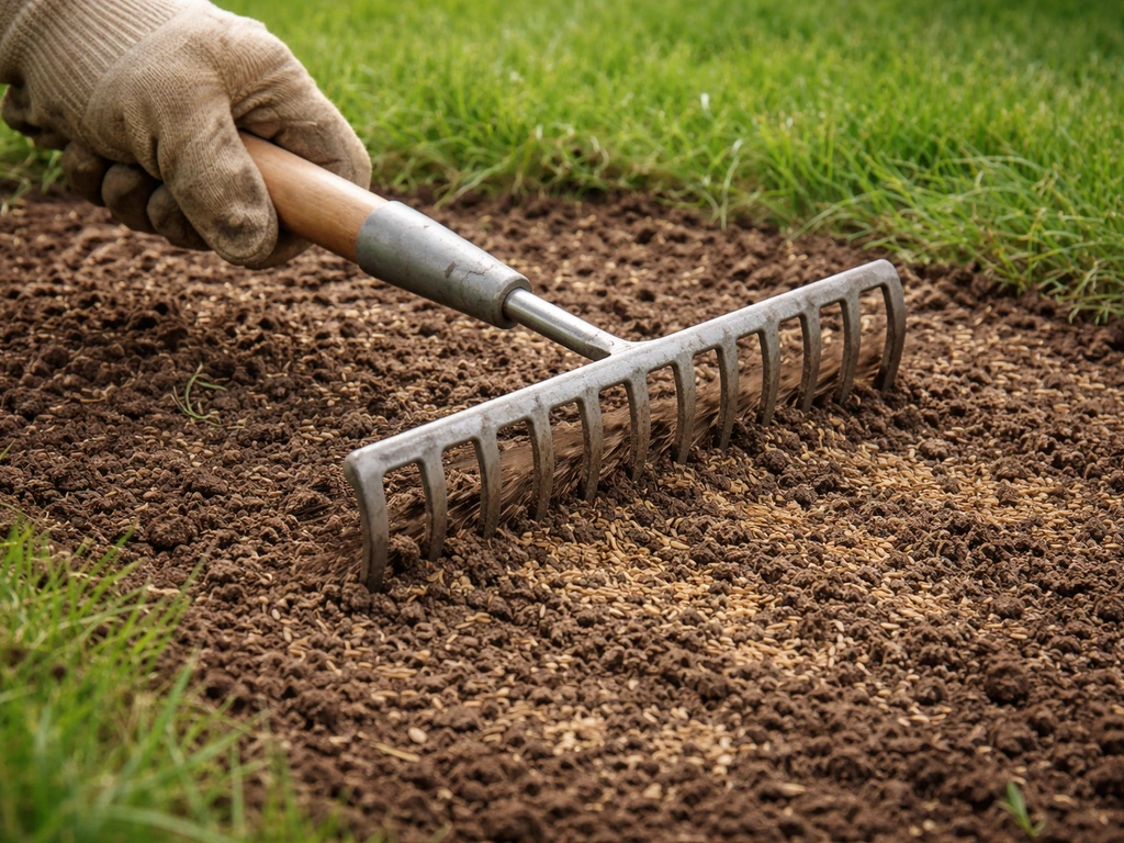 Close-up van een hark die graszaad voorzichtig in de toplaag van het gazon werkt voor bodemcontact.