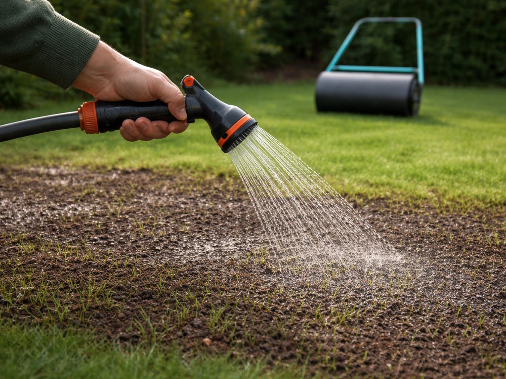 Hand die water geeft op vers doorgezaaid gazon, met graswals op de achtergrond voor inrollen