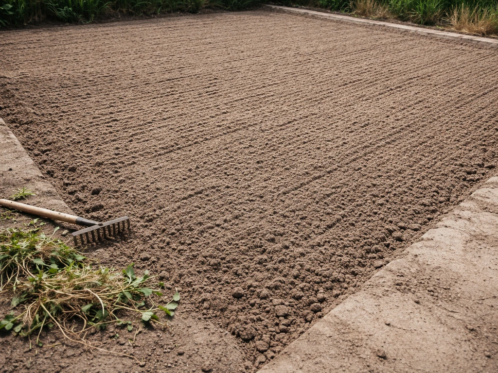 Vlak geharkt zaaibed in de tuin met fijne, kruimelige toplaag en zichtbare verwijderde onkruidresten