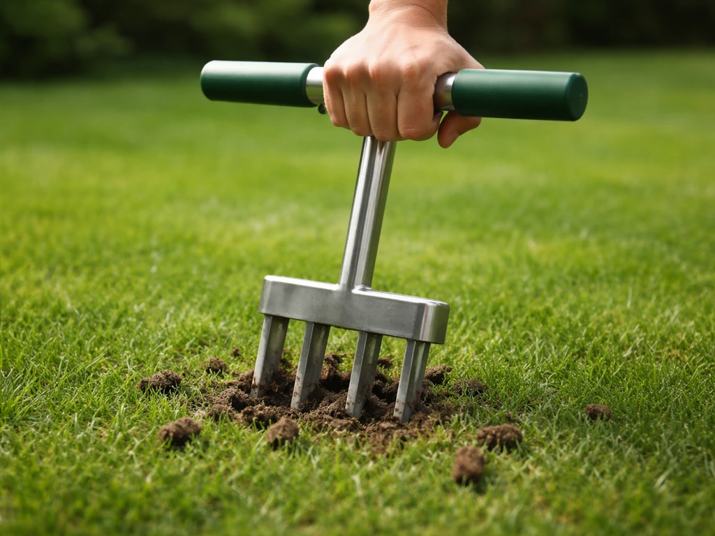Tuinman belucht een gazon; een hand-aerator prikt gaatjes en laat losgemaakte grond zichtbaar achter.