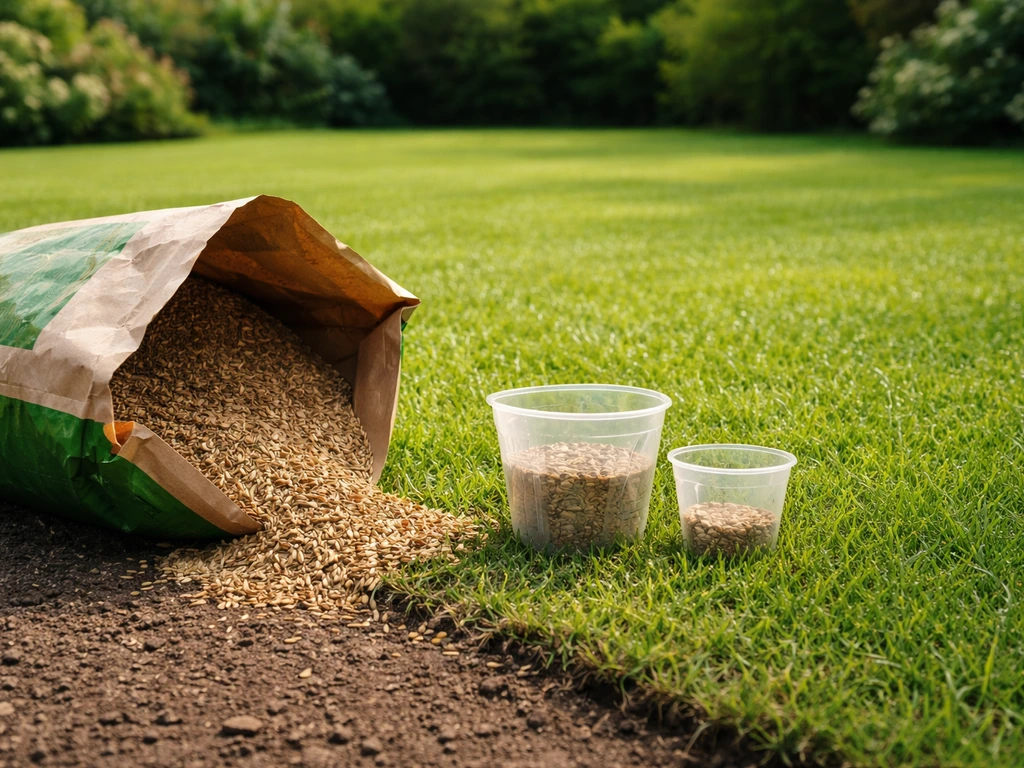 Open graszaadzak en losse zaadkorrels op de rand van een gazon met maatbekers voor de juiste hoeveelheid.
