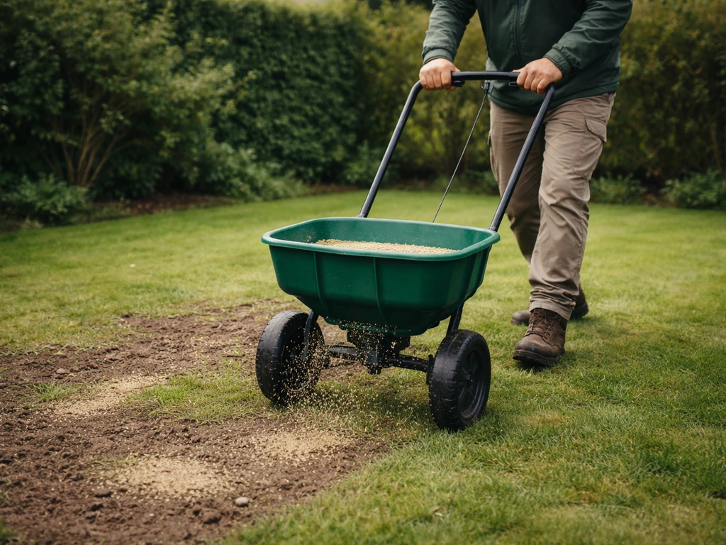 Anonieme tuinier duwt een strooiwagen over een gazon met kale plekken; zaad valt gelijkmatig op de grond.